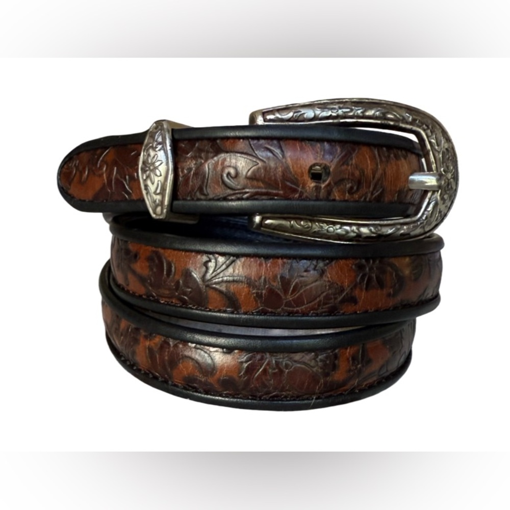 Brighton Embossed Brown Leather Belt with Silver Buckle Size 32 M/L